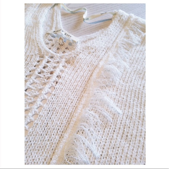 🍃🍂Geo Fringe Crisp White Boho Pullover Sweater - Picture 7 of 9